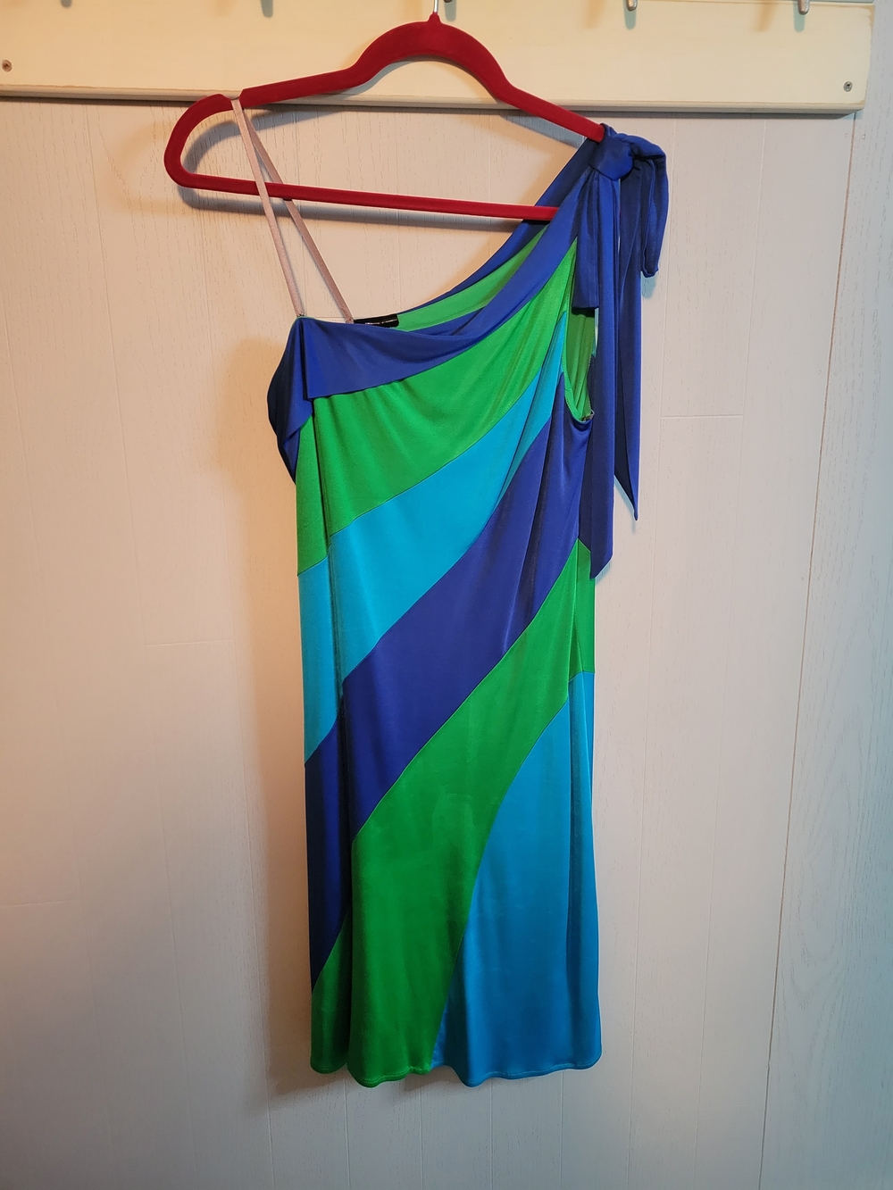 One-Shoulder Colorblock Dress in Blues and Greens